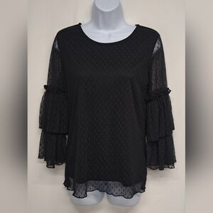 Eve & Maddie S Black Top Lace Overlay Sheer Tiered Arms Lined Body Pullover